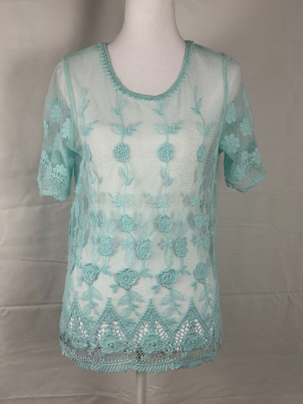 IN STYLE Light Blue Embroidered Lace Sheer Blouse – Size M New
